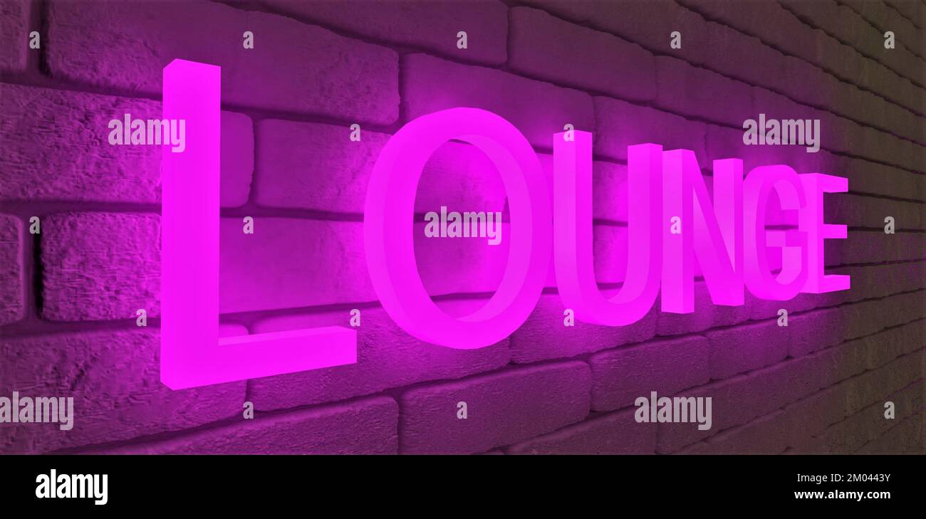 Iscrizione lounge illuminata in viola luminoso sulla parete di mattoni bianchi. rendering 3d. Foto Stock