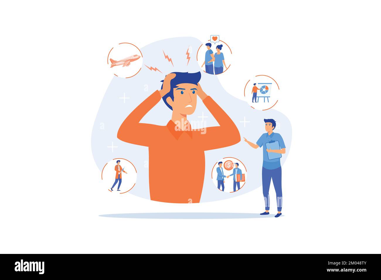 Introflività, agorafobia, fobia degli spazi pubblici. Malattia mentale, stress. Disturbo d'ansia sociale, test di screening d'ansia, concetto di attacco d'ansia. piatto Illustrazione Vettoriale