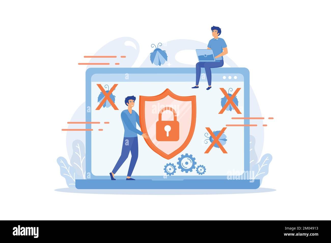 Un uomo prima del notebook con schermo e lucchetto sullo schermo. Software anti-virus, anti-malware, spyware, trojan, adware come concetto di sicurezza Internet. piatto Illustrazione Vettoriale