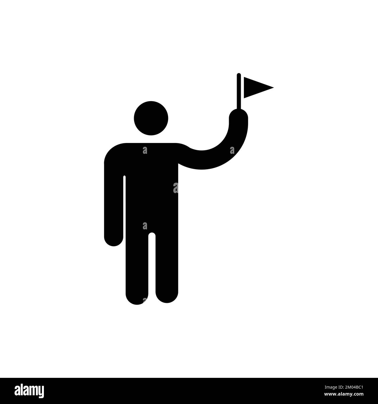 Guida turistica o guida turistica con piccola bandiera. Uomo carattere sollevamento piccolo simbolo vettore icona flag. Illustrazione Vettoriale