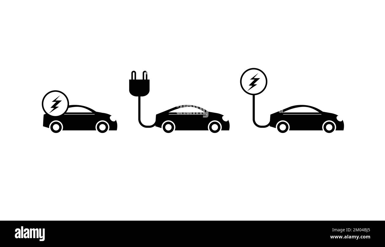 Pittogramma vettoriale simbolo auto elettrica. Auto con simbolo del bullone elettrico e spina elettrica. Illustrazione Vettoriale
