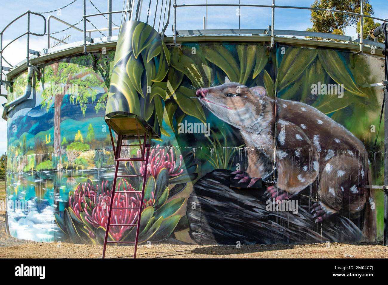 Spotted Quoll Water Tank Art, Tea Tree, Tasmania, Australia Foto Stock
