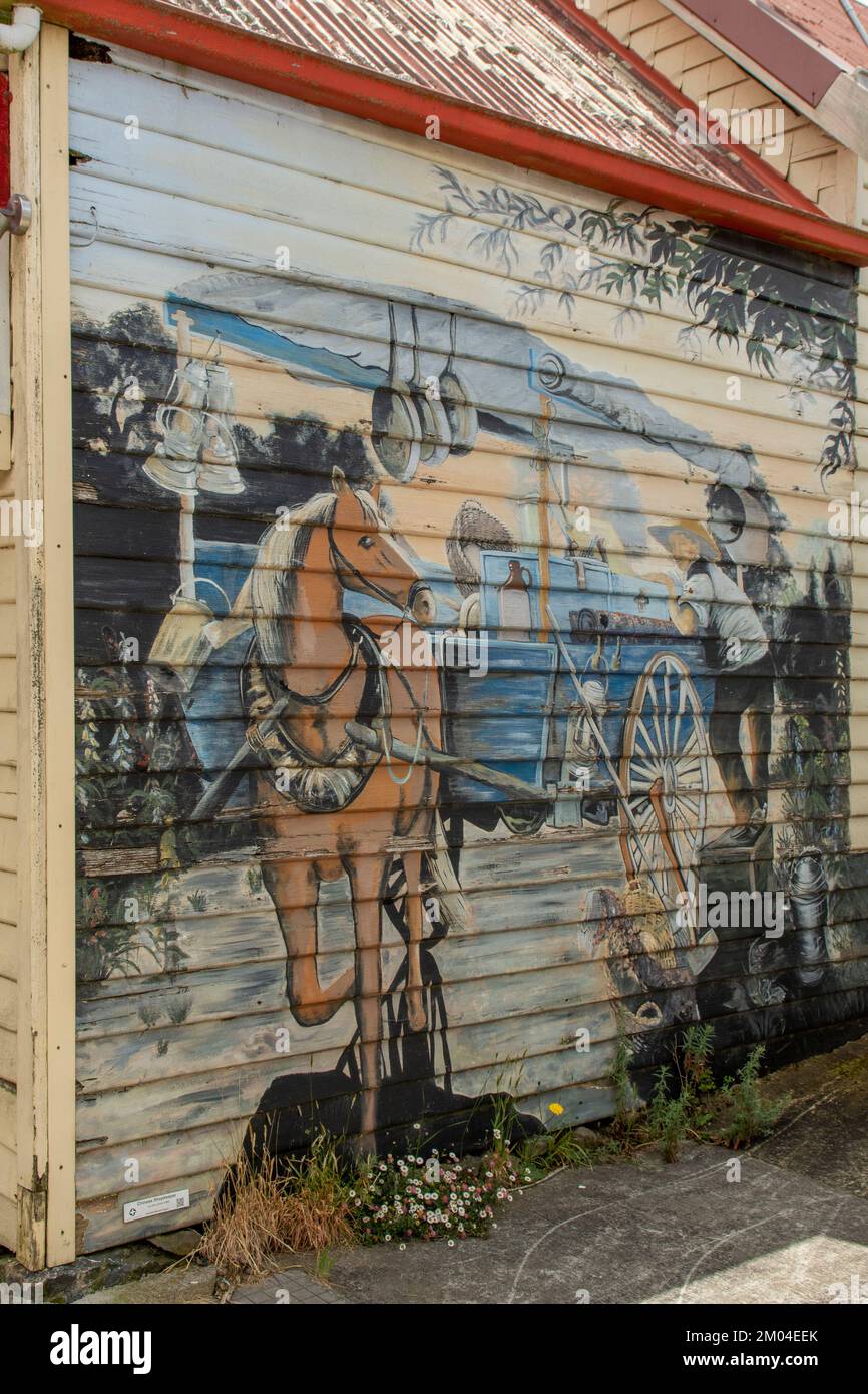 Horse and Cart Street Art, Sheffield, Tasmania, Australia Foto Stock