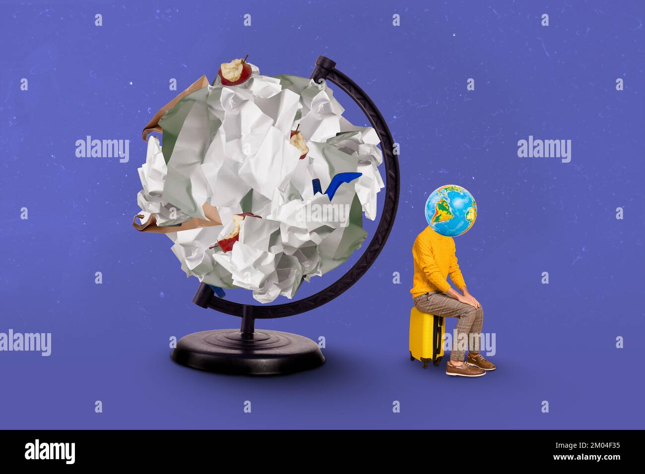 Foto creativa 3D collage opera poster cartolina di insoddisfatto sconvolto persona seduta valigia vicino carta globo isolato su sfondo pittura Foto Stock