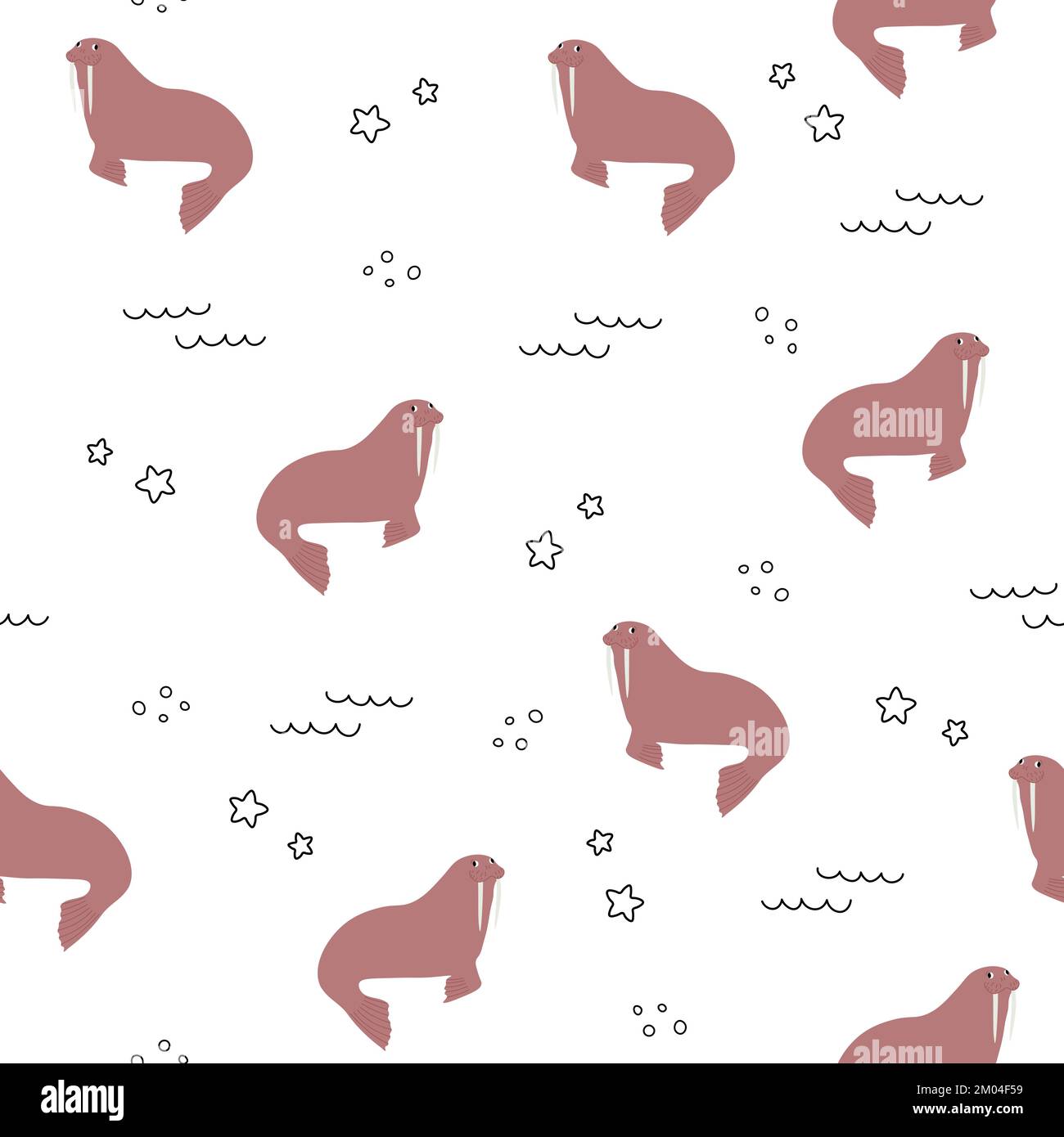 Modello vettoriale senza cuciture con walrus.Underwater cartone animato creature.sfondo marino.cute motivo oceano per tessuto, abbigliamento per bambini, tessuti, wrapping Illustrazione Vettoriale