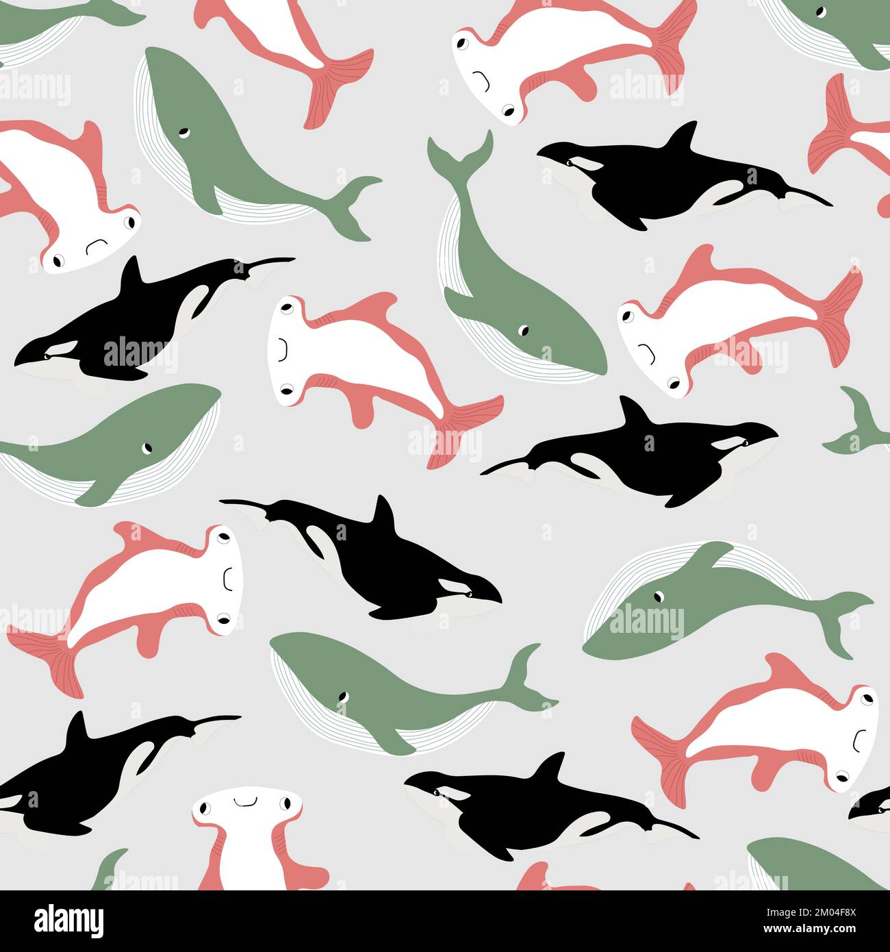 Modello vettoriale senza cuciture con balena, balena assassino, pesce testa di martello.creature cartone animato sottomarino.sfondo marino.motivo oceanico carino per il tessuto Illustrazione Vettoriale