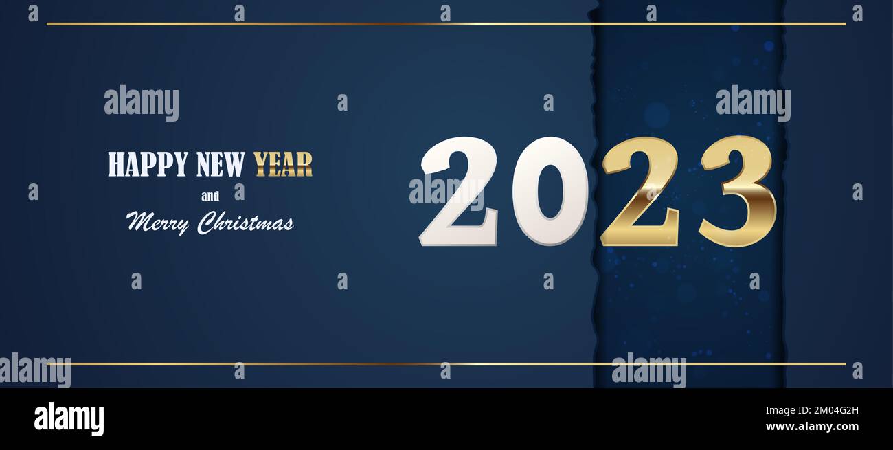 Illustrazione buon Natale e felice anno nuovo sfondo. Banner, volantino e biglietto di auguri per le festività. oro 2023 con pezzo di carta tagliato. Illustrazione Vettoriale