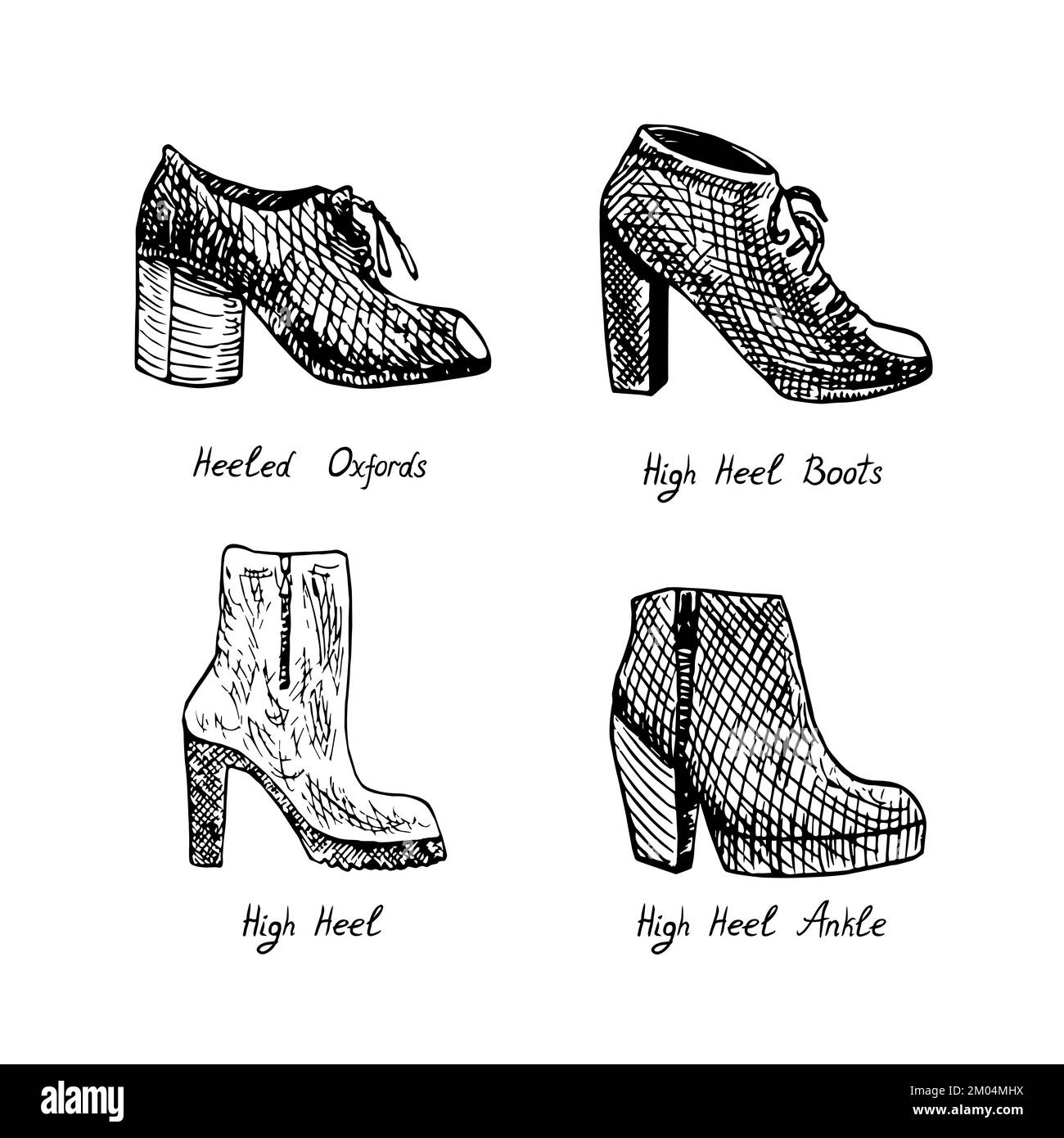 Heeled Oxfords, High Heel Boots, High Heel, High Heel caviglia, isolato disegno a mano doodle contorno, disegno, bianco e nero illustrazione con iscrizione Foto Stock
