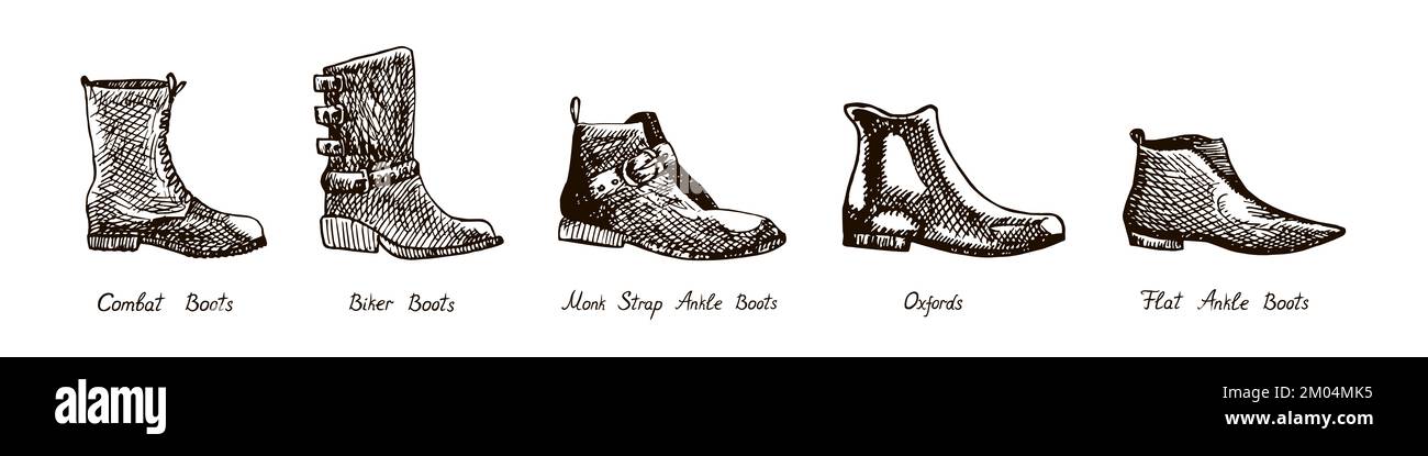 Combat Boots, Biker Boots, Monk Strap Stivalle Boot, Oxfords, Flat Stivali, isolato disegnato a mano doodle contorno, schizzo, illustrazione in bianco e nero Foto Stock