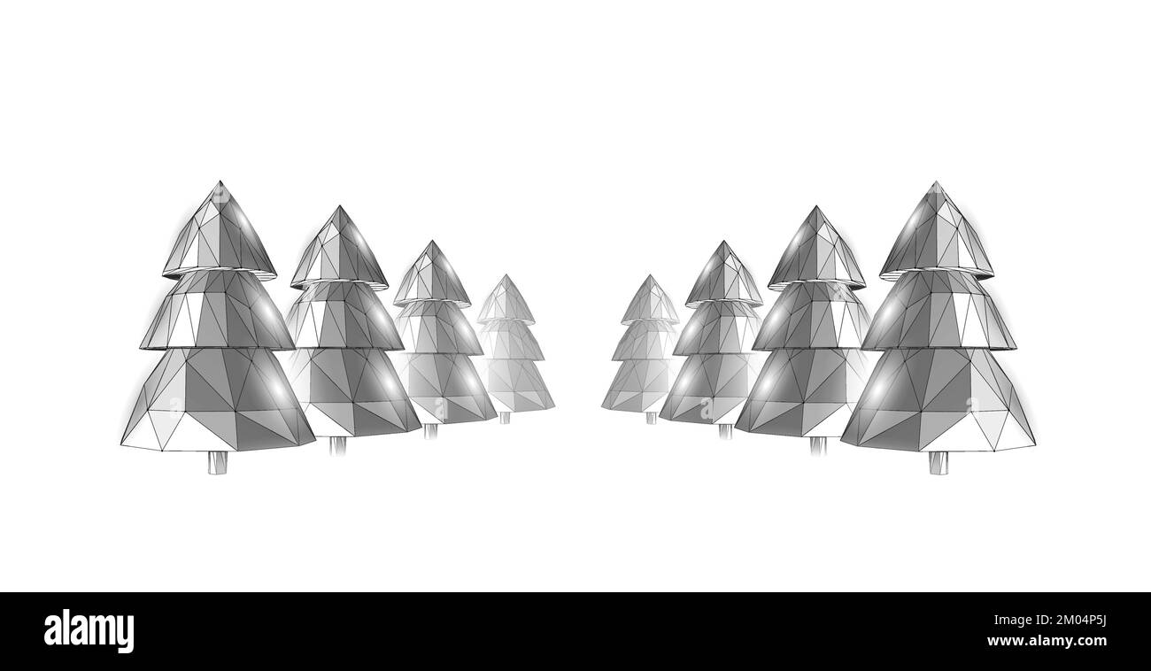 Allegro albero di Natale oggetto 3D. Biglietto di auguri vacanza decorazione albero di Natale silhouette concetto. Legno di abete disegno scuro vettore neon Illustrazione Vettoriale