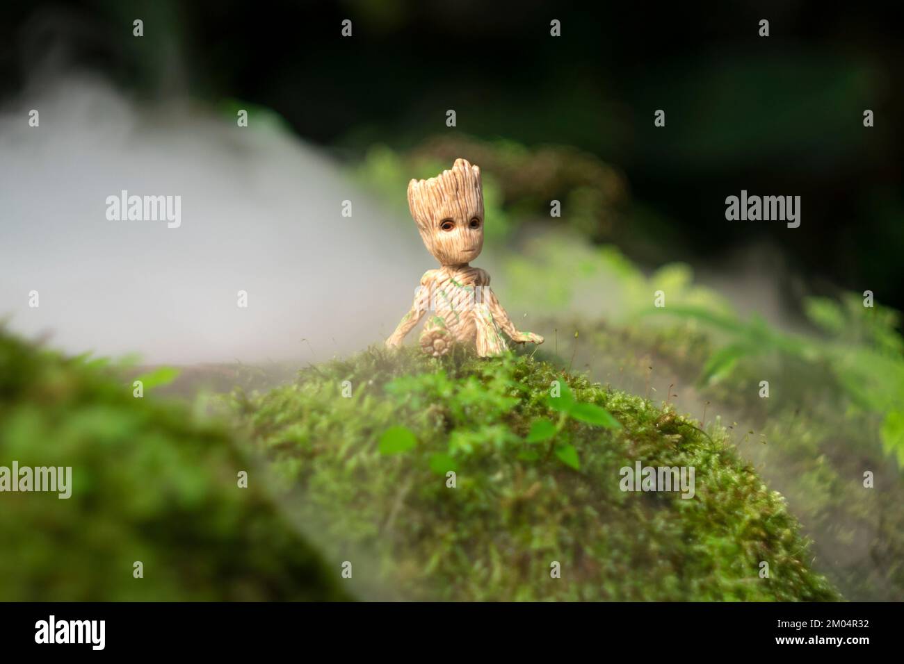 CHIANGMAI, THAILANDIA-SETTEMBRE 2022 : Baby Groot è seduto nel giardino verde del parco pubblico. Chiang mai, Thailandia. Foto Stock