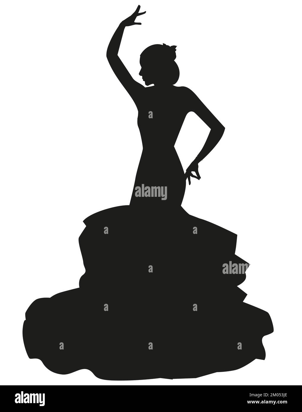 Silhouette di ballerina di flamenco spagnola che indossa un elegante abito tipico e fiori nei suoi capelli, isolato su sfondo bianco Illustrazione Vettoriale