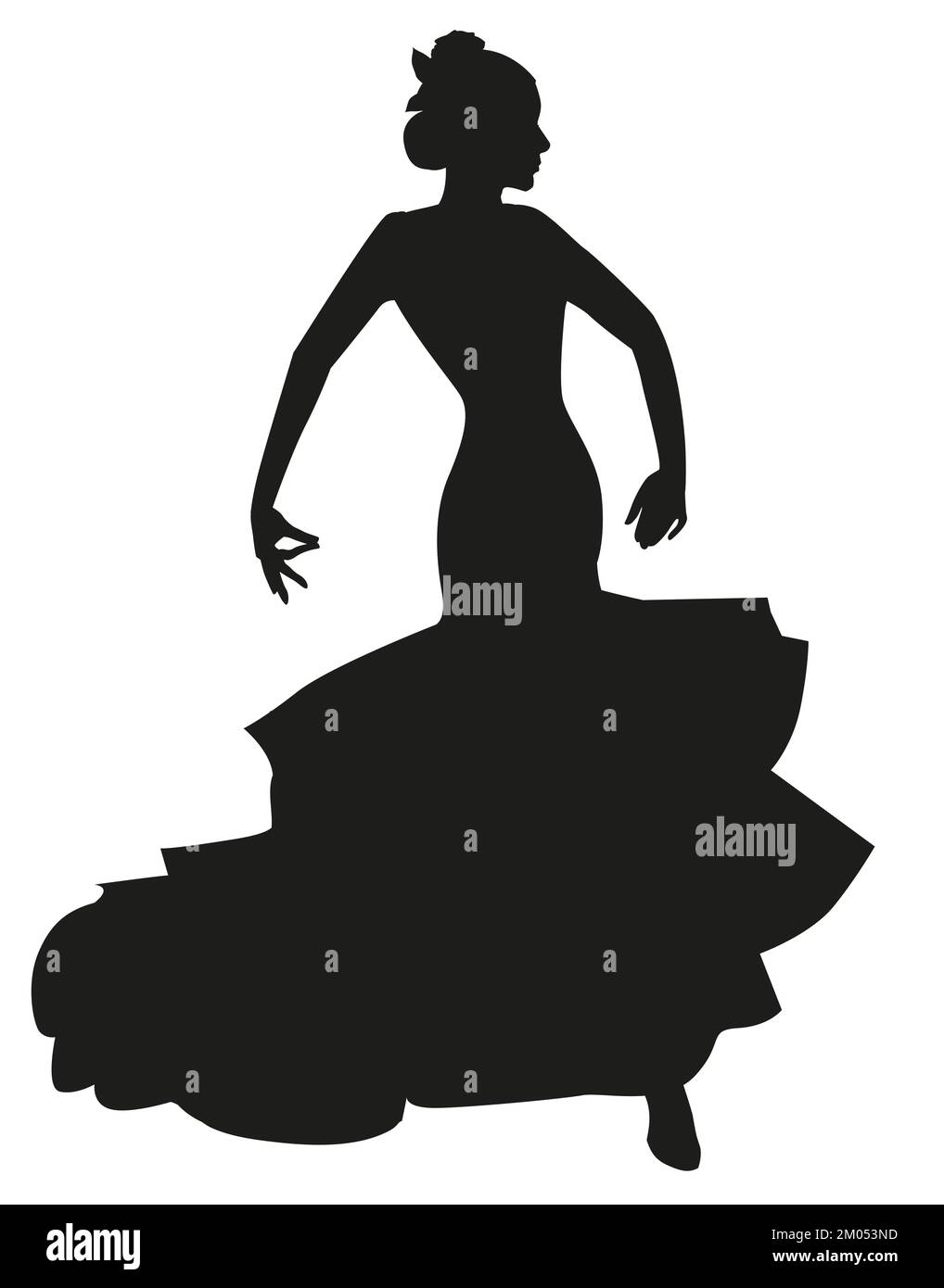 Silhouette di ballerina di flamenco spagnola che indossa un elegante abito tipico e fiori nei suoi capelli, isolato su sfondo bianco Illustrazione Vettoriale