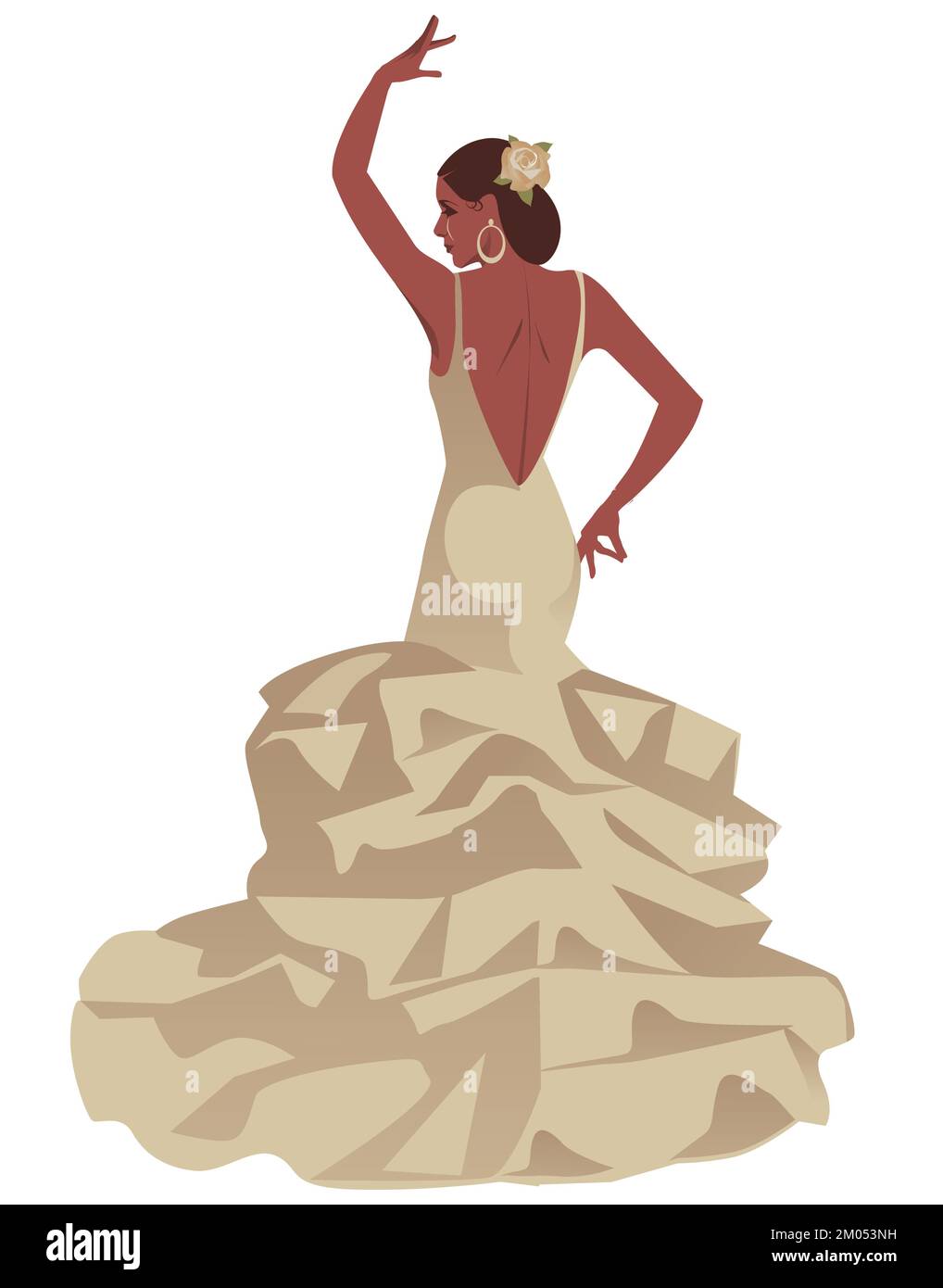 Bella ballerina spagnola di flamenco che indossa un elegante abito tipico e fiori nei suoi capelli, isolato su sfondo bianco Illustrazione Vettoriale