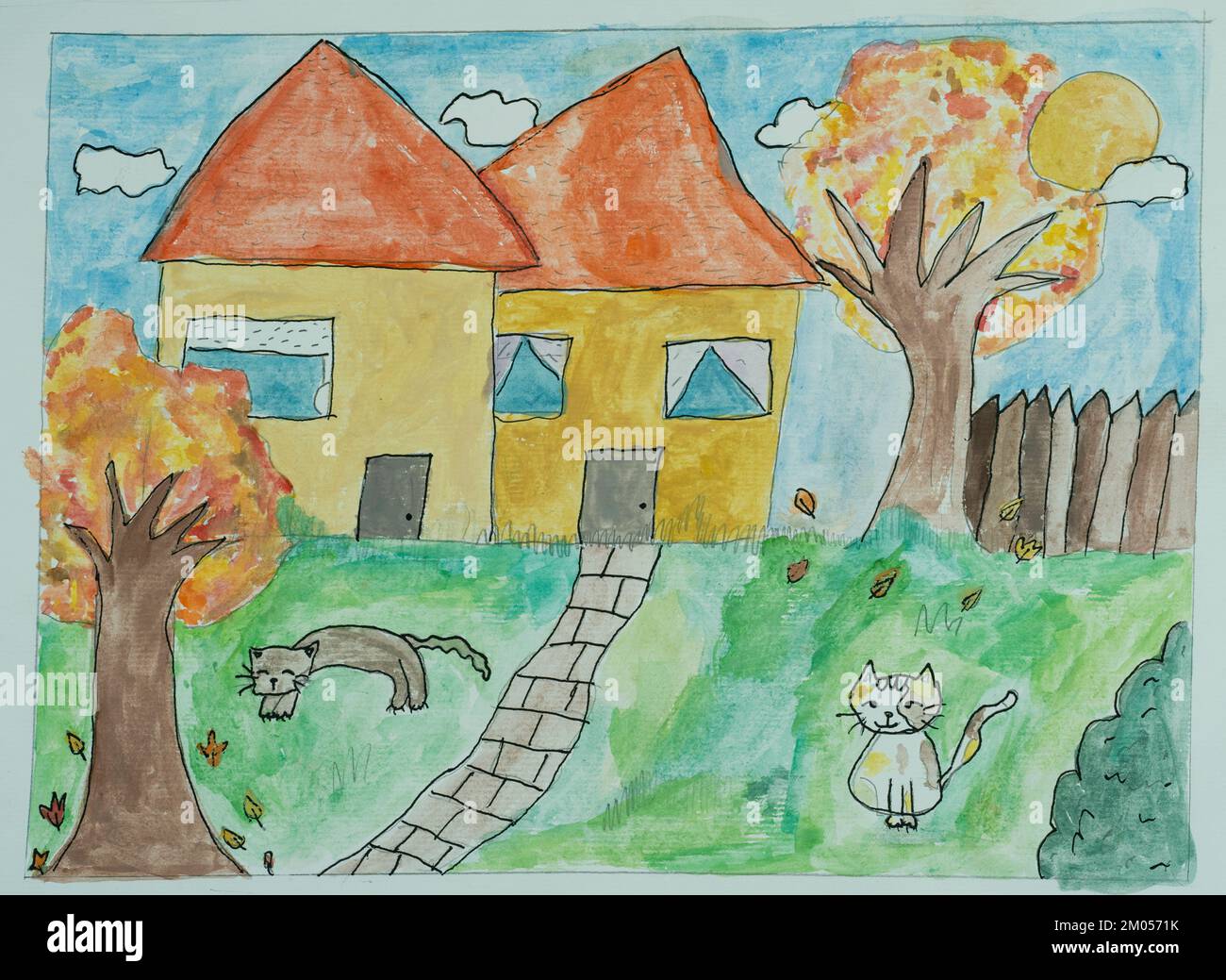 Quadri colorati per bambini dipinti con colori ad acqua. Paesaggio autunnale con case e gatti Foto Stock
