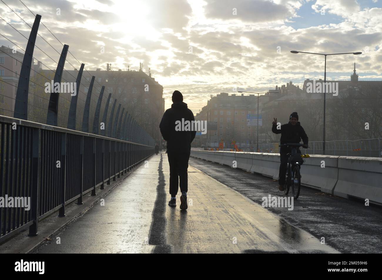 Stoccolma, Svezia - 13 novembre 2022 - Una giornata di nebbia al ponte di Västerbron. (Foto di Markku Rainer Peltonen) Foto Stock