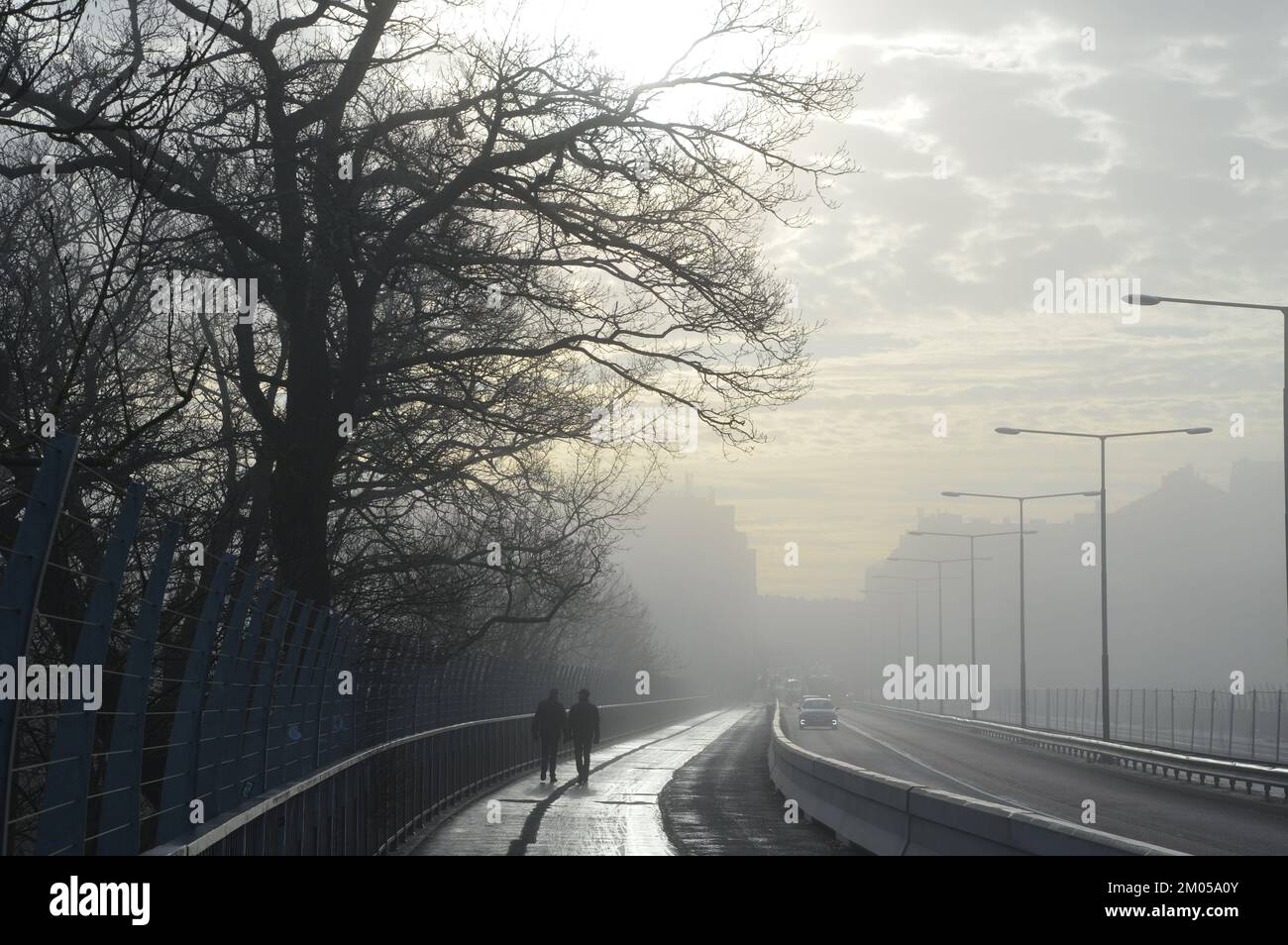 Stoccolma, Svezia - 13 novembre 2022 - Una giornata di nebbia al ponte di Västerbron. (Foto di Markku Rainer Peltonen) Foto Stock