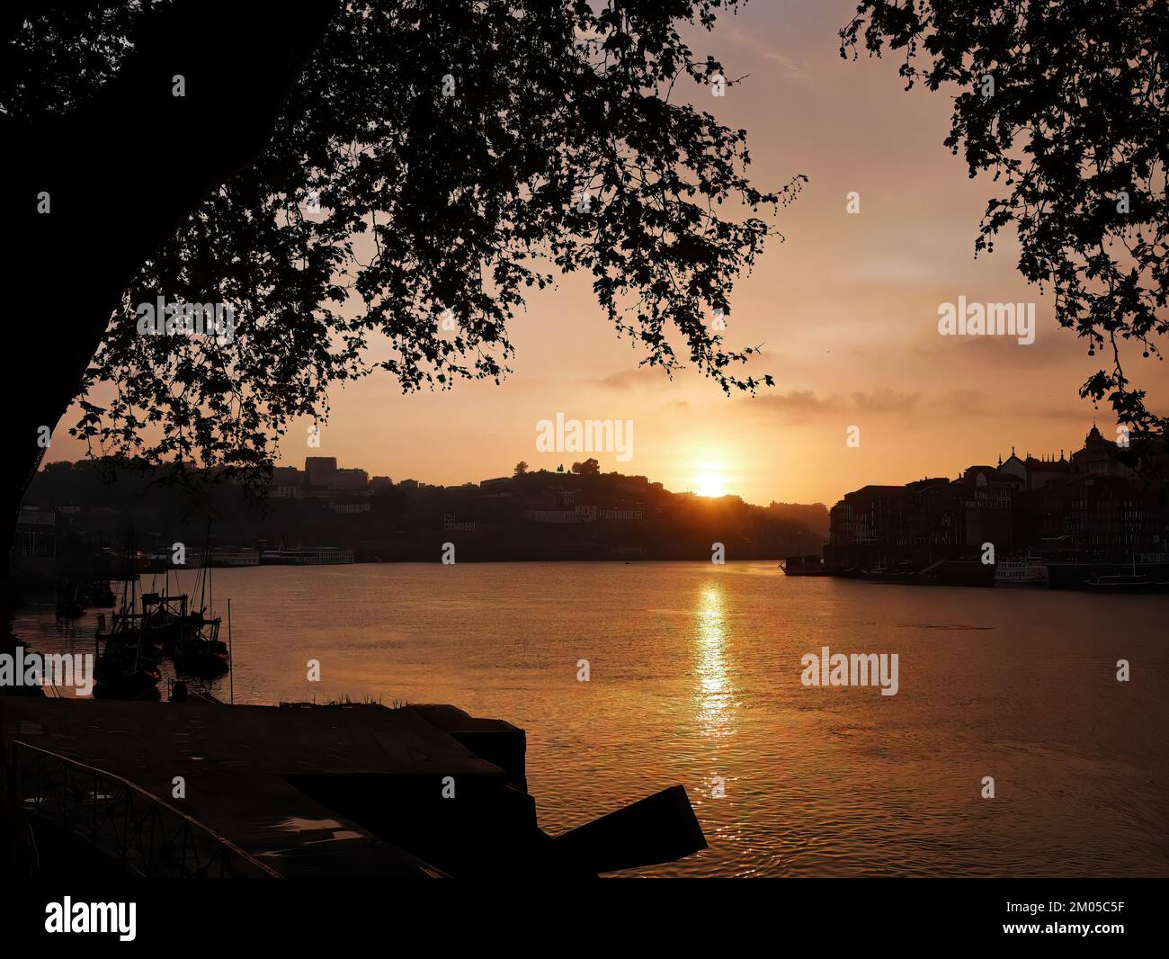 Silhouette, Alba tramonto crepuscolo vista di colore dorato dal lato di Gaia attraverso il fiume Douro a Porto, patrimonio mondiale della città vecchia, Portogallo Foto Stock