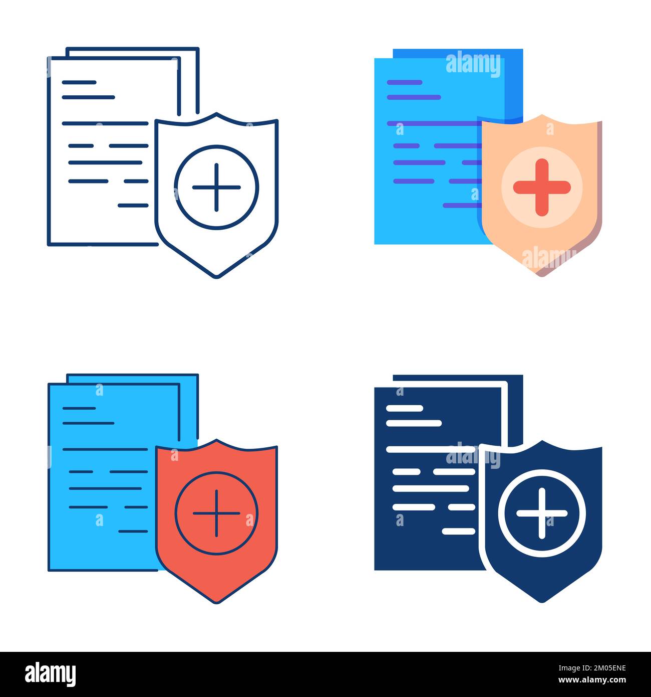 Assicurazione sanitaria icona set in stile piatto e di linea. Modulo di documento medico e protezione. Illustrazione vettoriale Illustrazione Vettoriale