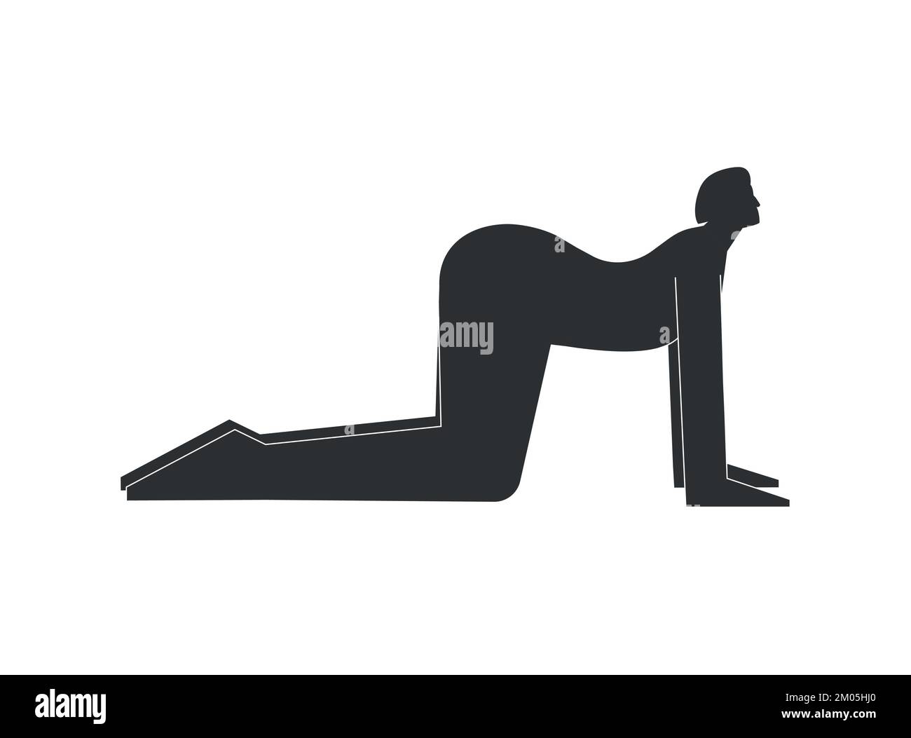 Illustrazione con isolamento vettoriale con silhouette nera piatta della persona femminile che fa finezza. La donna atletica impara la postura dello yoga Bitilasana. Esercizio sportivo Illustrazione Vettoriale