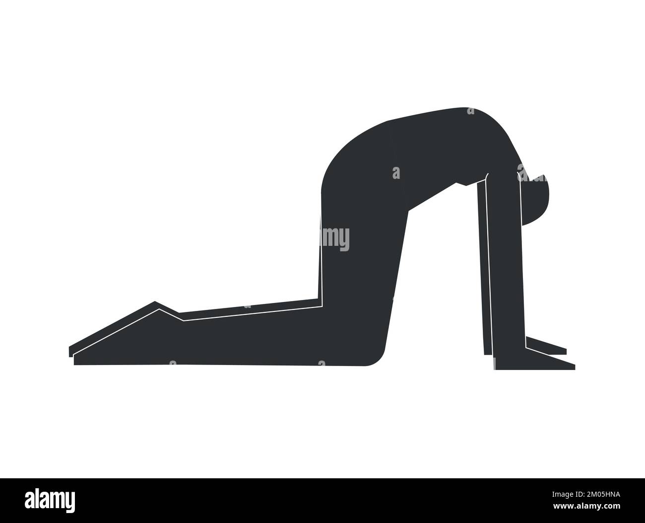 Illustrazione con isolamento vettoriale con silhouette nera piatta della persona femminile che fa finezza. Donna atletica impara yoga postura Marjaryasana. Sport exerc Illustrazione Vettoriale