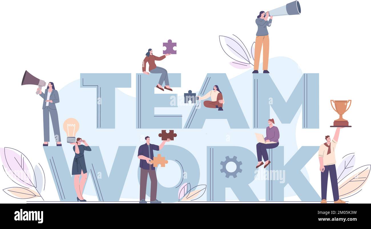 Gli uomini d'affari costruiscono la collaborazione, il concetto di lavoro di squadra. Scena di lavoro di squadra, partnership aziendale o di studio. Kicky vettore ufficio caratteri cooperazione Illustrazione Vettoriale