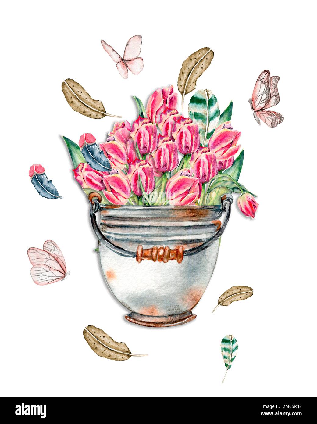 Modello cartoncino acquerello disegnato a mano con tulipani rosa. Illustrazione di acquerello coniglietto carino, fiori, piante e cornice di saluto. Immagini per poster, Foto Stock