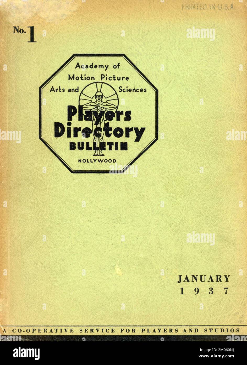 Prima copertina del numero n° 1 di Gennaio 1937 dell'Academy of Motion Picture Arts and Sciences Hollywood PLAYERS DIRECTORY BULLETIN Foto Stock
