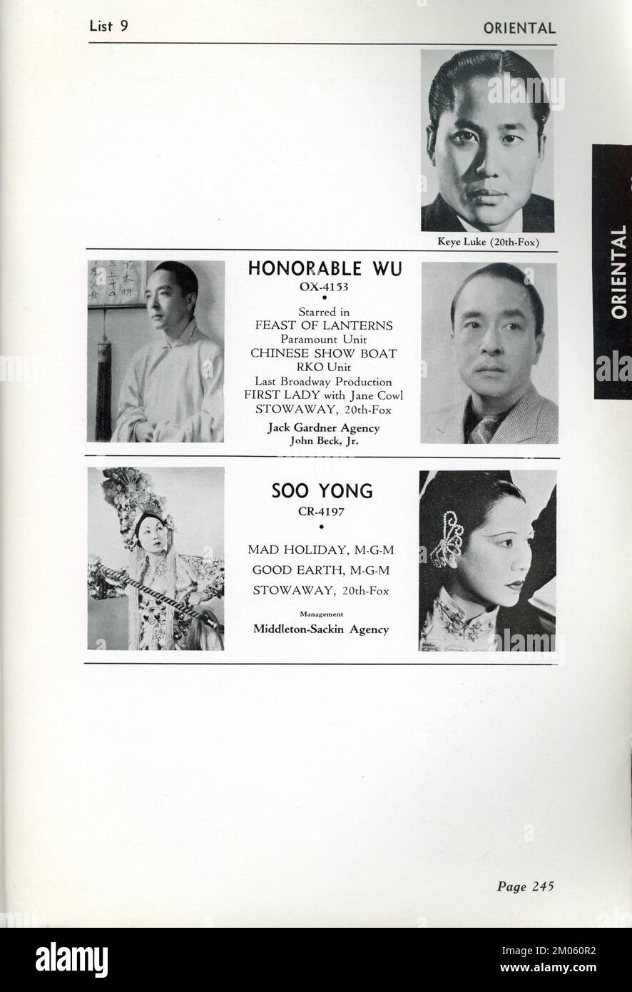 Una pagina di due dal numero n° 1 di gennaio 1937 dell'Academy of Motion Picture Arts and Sciences Hollywood PLAYERS DIRECTORY BULLETIN featuring Asian / ''Oriental'' Performers featuring KEYE LUKE, HONORED WU and SOO YONG Foto Stock