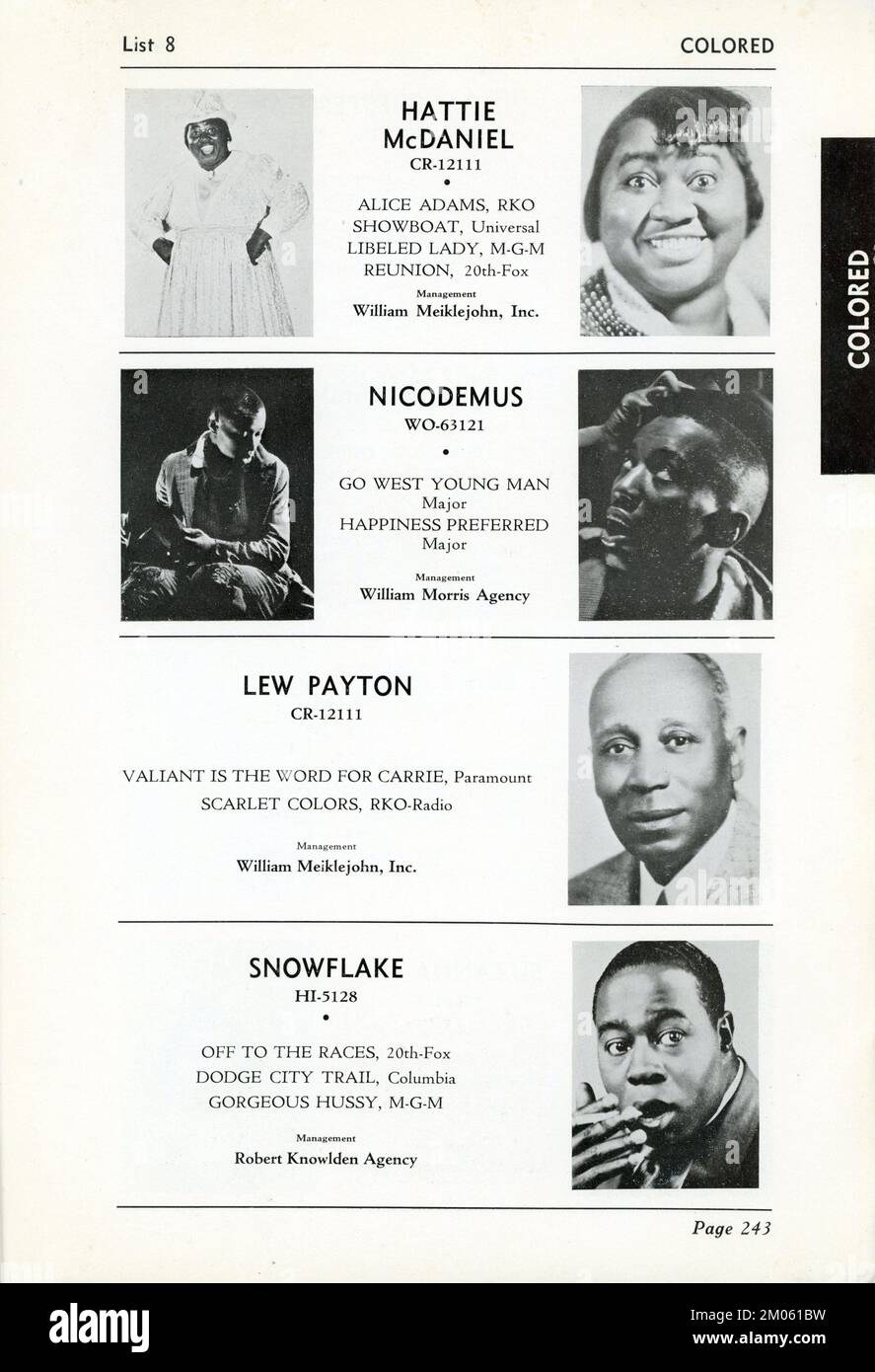 Una pagina di due dal numero n° 1 di gennaio 1937 di Academy of Motion Picture Arts and Sciences Hollywood PLAYERS DIRECTORY BULLETIN featuring Black / ''colored'' Performers HATTIE McDaniel, NICODEMUS, LEW PAYTON e FIOCCO DI NEVE. Foto Stock