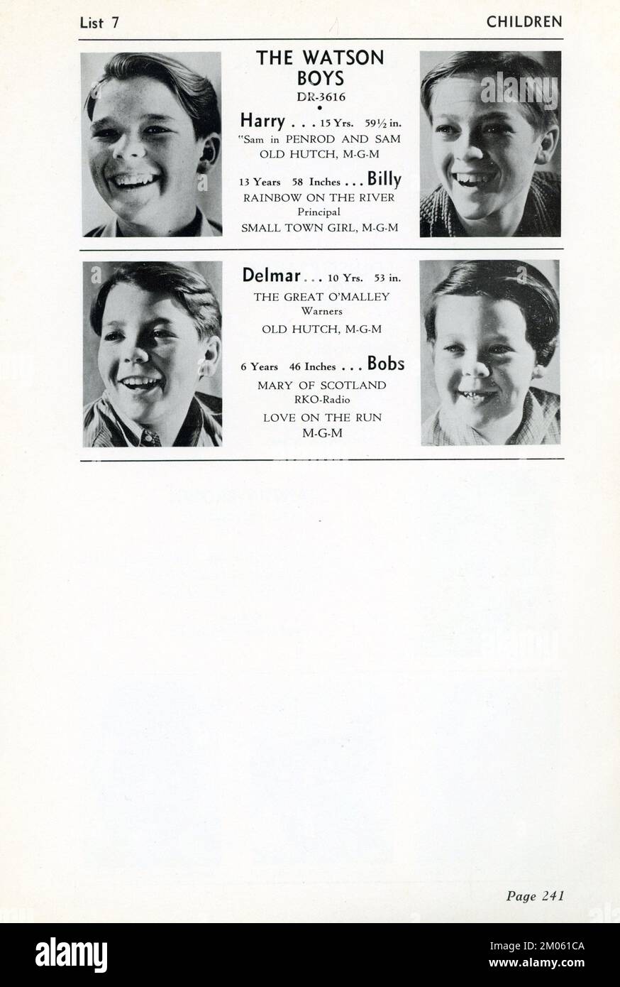 Pagina dal numero n° 1 di Gennaio 1937 dell'Accademia delle Arti e delle Scienze del movimento elenco DEI GIOCATORI di Hollywood BOLLETTINO che mostra I BAMBINI che presentano i RAGAZZI WATSON : HARRY BILLY DELMAR e LE BOB Foto Stock