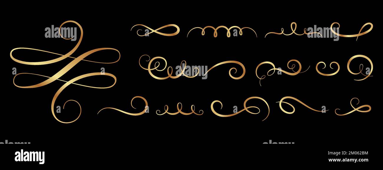 Royal d'oro vintage swashes. Filigrana disegni a mano swirls, flourish di lusso oro calligrafia design. Invito, cartoline e firma personale vettore Illustrazione Vettoriale