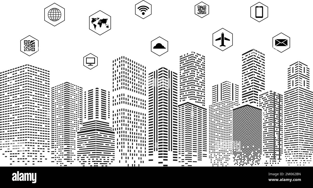 Elegante concetto di città in bianco e nero. Dots edifici, architettura astratta paesaggio urbano. Città futura vettoriale con icone di comunicazione e connessione Illustrazione Vettoriale