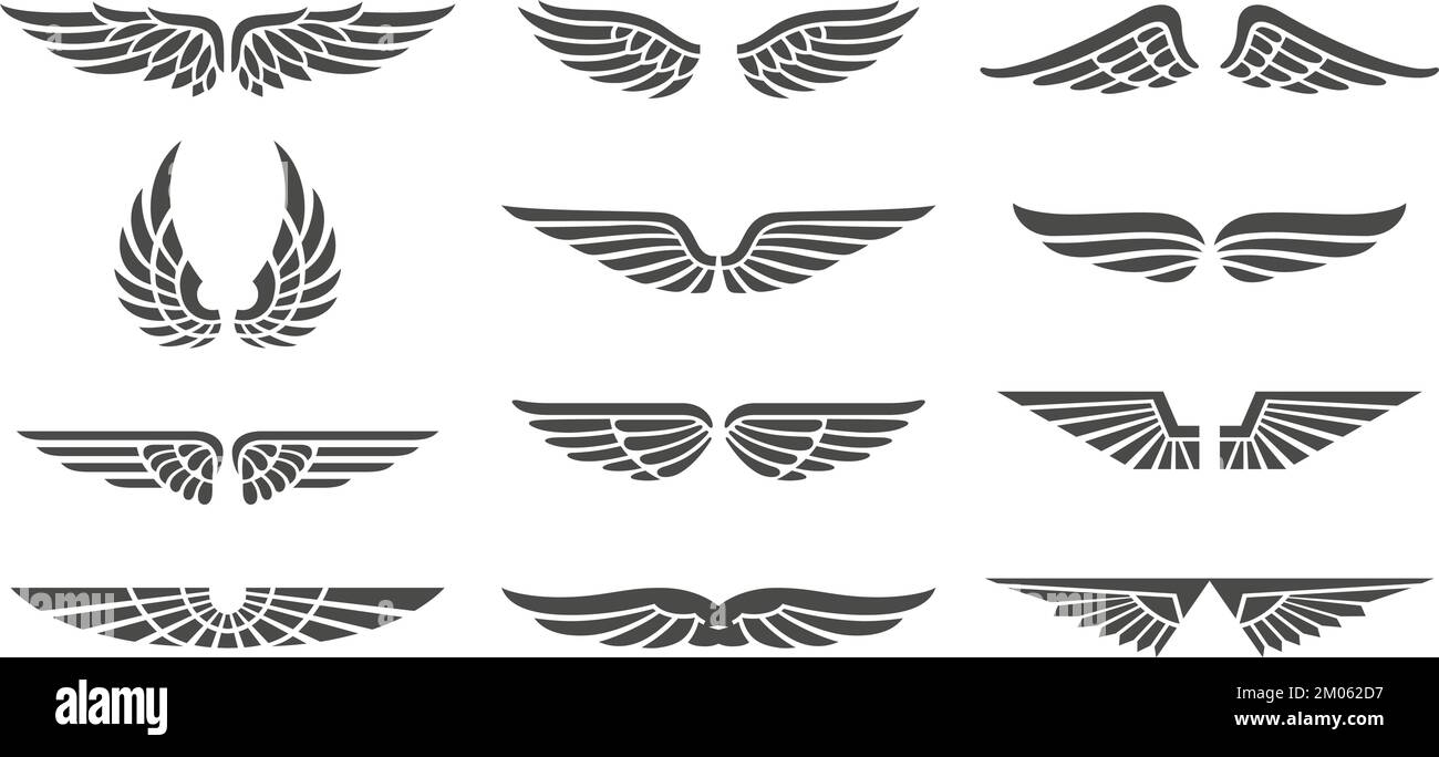 Badge ad alette. Eagle Wings set, insegne retrò, segnali alati per il business dell'aviazione emblemi tatuaggi etichette Illustrazione Vettoriale