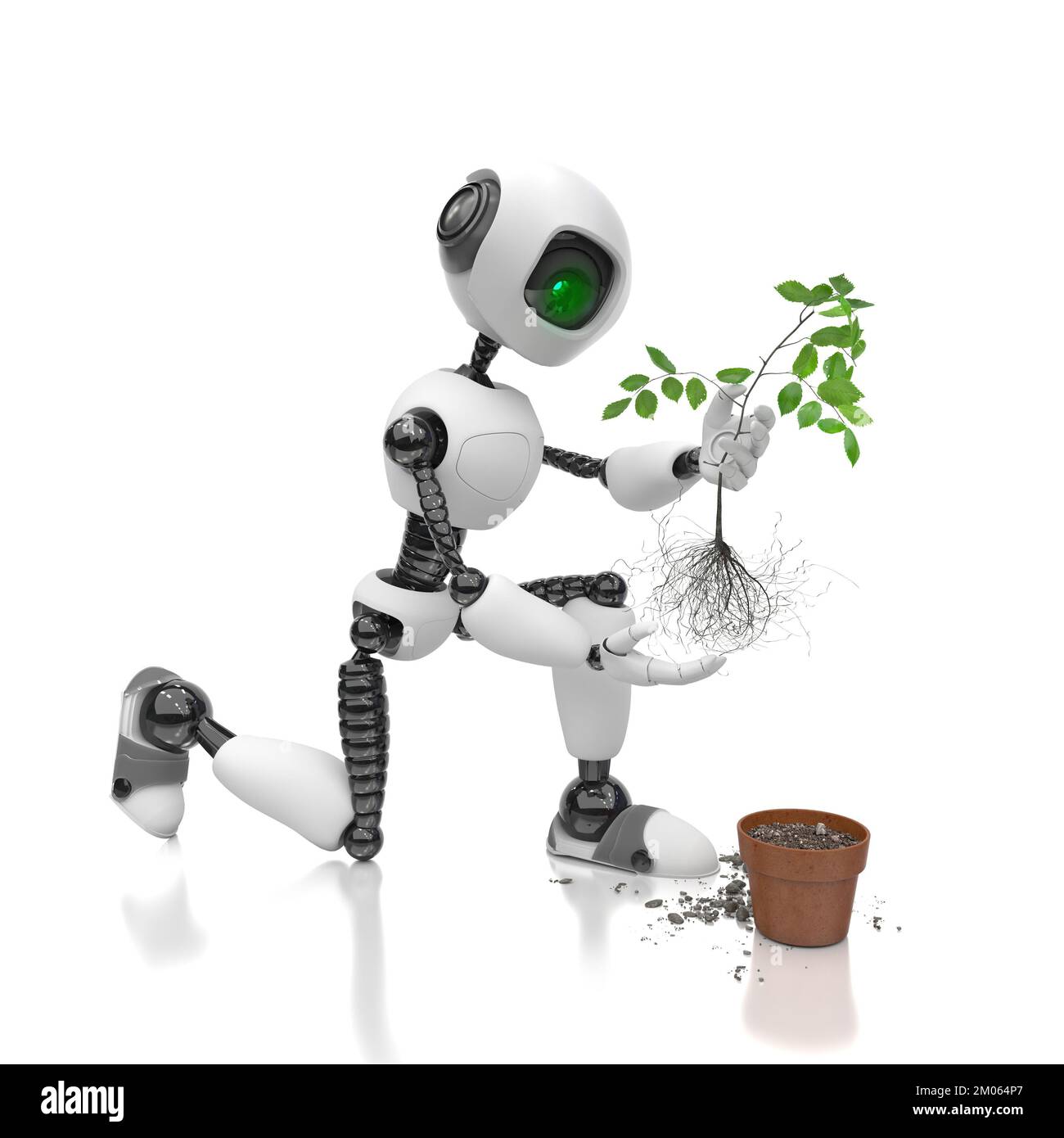 Robot umanoide pianta una piantina in un vaso da fiori su uno sfondo bianco. Concetto futuro con robotica intelligente e intelligenza artificiale. 3D concetto rend Foto Stock