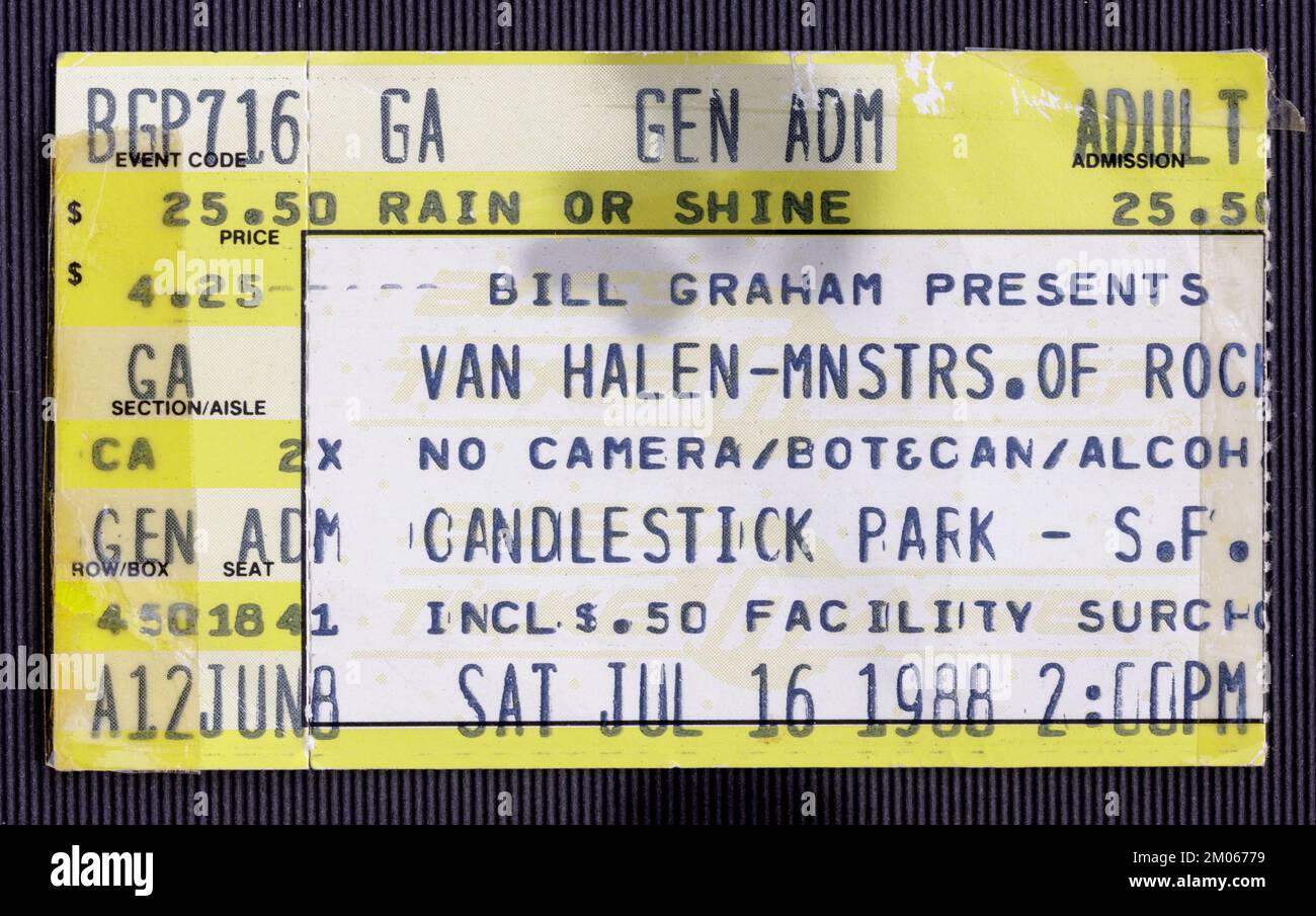 San Francisco, California - 16 luglio 1988 - biglietto per il festival musicale Monsters of Rock con Van Halen, Scorpions, metallica, Dokken e Kingdom Foto Stock