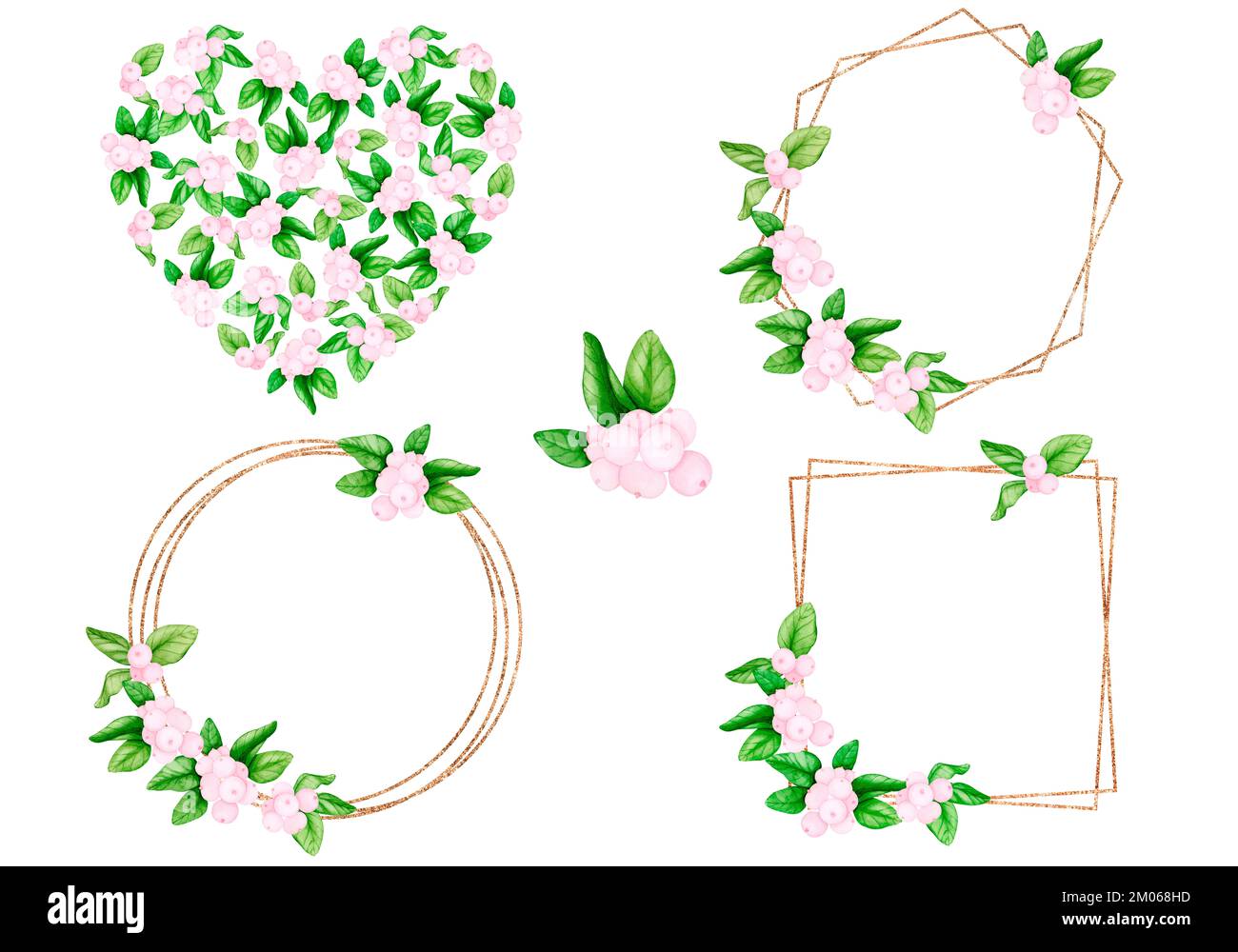 Set di design ed eleganti cornici dorate con verde e frutti di bosco rosa. Modello per inviti a matrimoni, biglietti, saluti, Complimenti. Matrimonio, Foto Stock