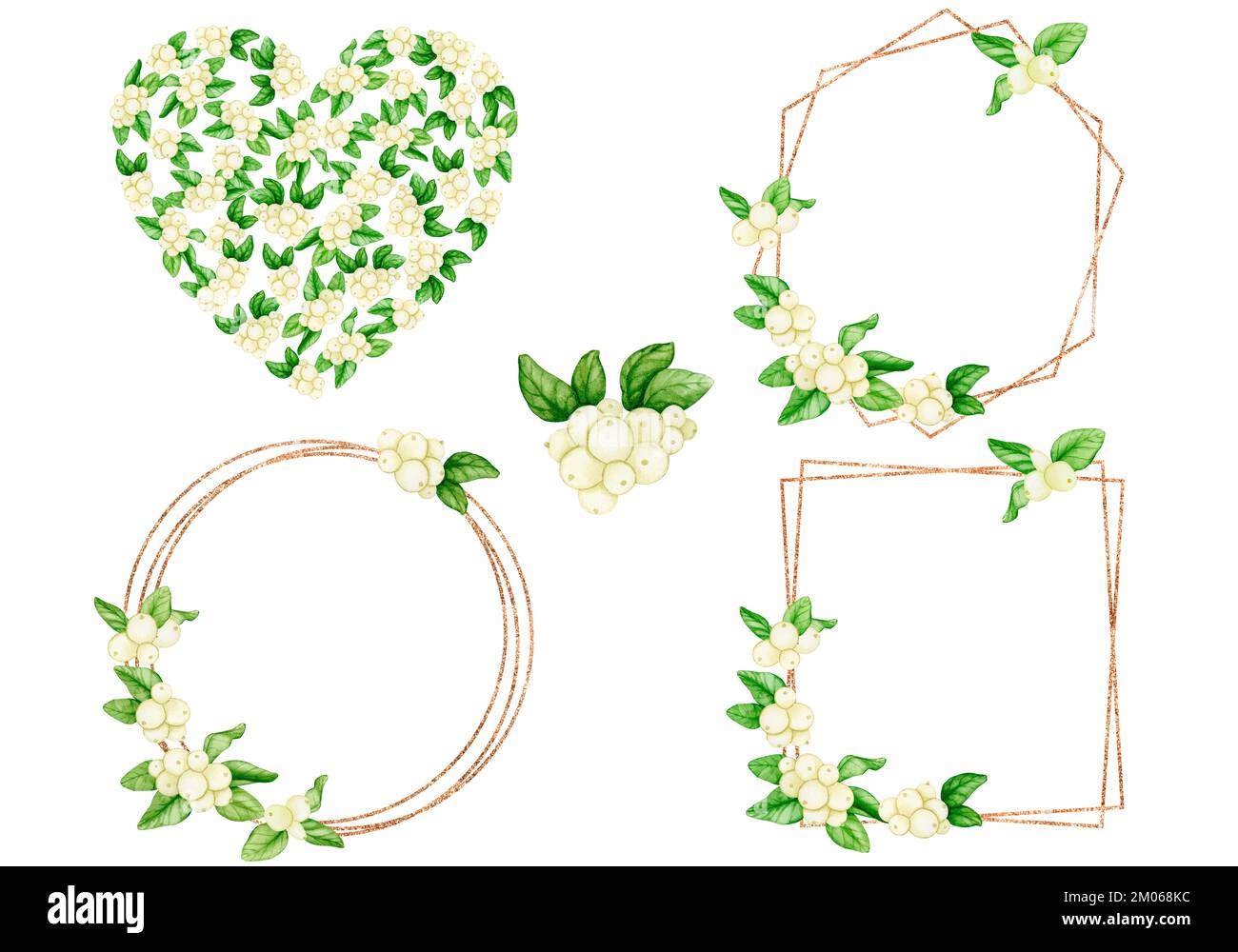 Set di design ed eleganti cornici dorate con verde e bacche bianche. Modello per inviti a matrimoni, biglietti, saluti, Complimenti. Matrimonio Foto Stock
