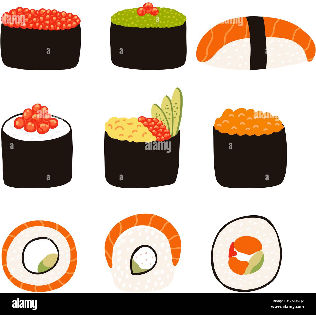 Sushi in stile cartoon piatto. Illustrazione vettoriale disegnata a mano della cucina tradizionale giapponese. Illustrazione Vettoriale