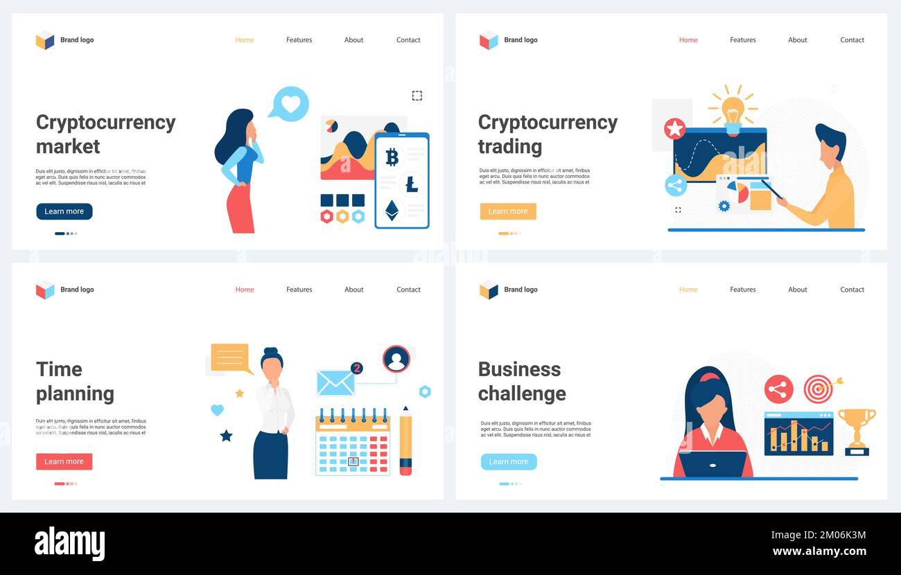 Il commercio di criptovalute nel mercato del criptovaluta, la pianificazione aziendale, le sfide e i rischi impostano l'illustrazione vettoriale. Cartoon le persone piccole lavorano con il calendario di eventi e riunioni online, grafici di rapporto finanziario Illustrazione Vettoriale