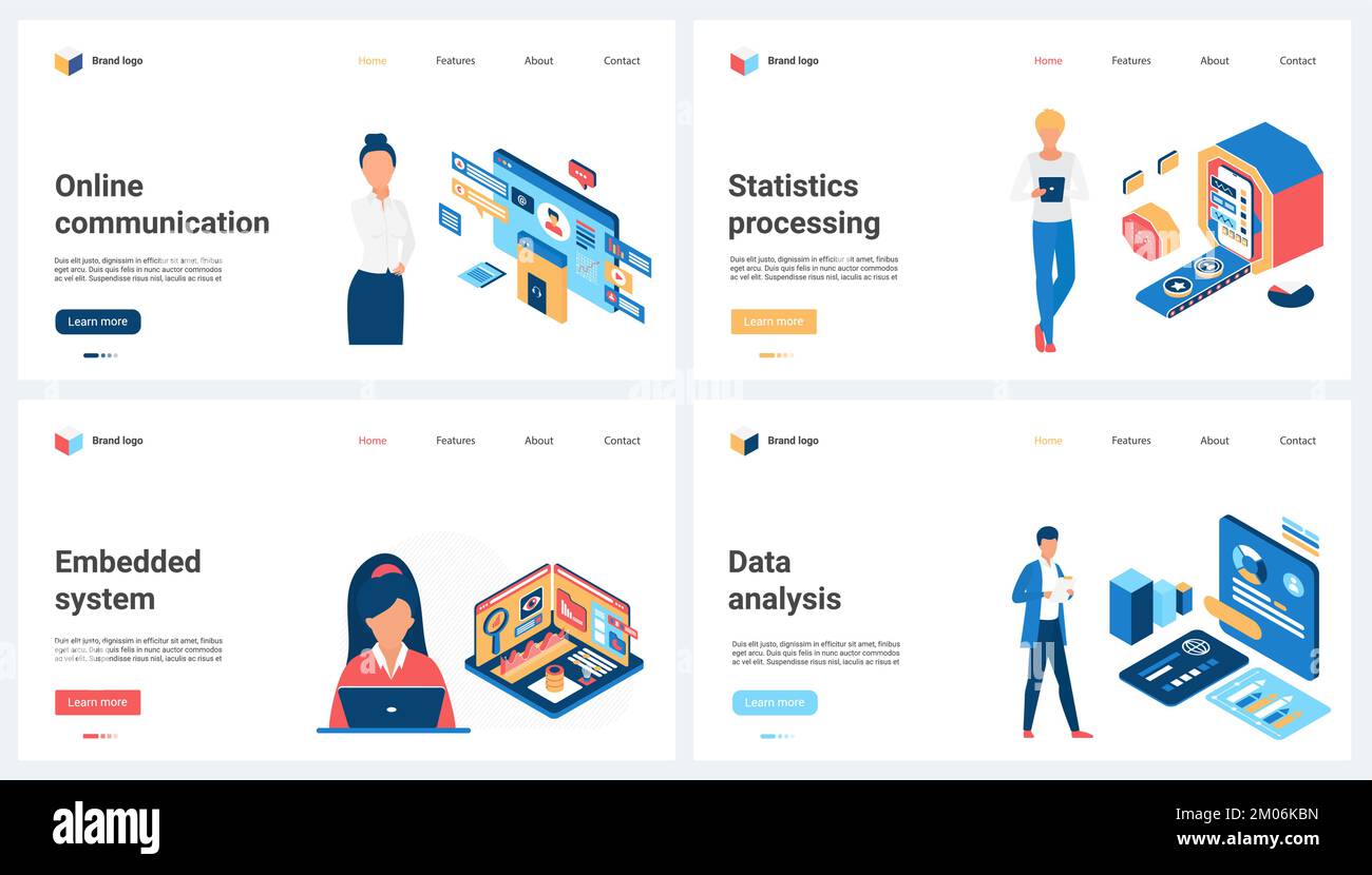 La comunicazione online, l'analisi statistica dei sistemi di dati incorporati imposta l'illustrazione vettoriale. Cartoon le persone più piccole lavorano con computer astratti, applicazioni e piattaforme digitali per l'elaborazione delle informazioni Illustrazione Vettoriale