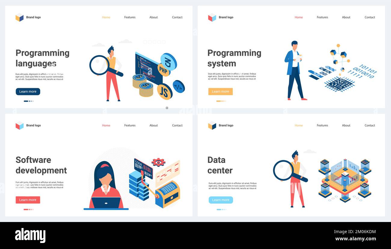 Linguaggi di programmazione, sistema di outsourcing e sviluppo software digitale, illustrazione vettoriale del set di data center. Cartoon persone piccole lavorano con lente d'ingrandimento, programmatori analizzare il codice di programma Illustrazione Vettoriale