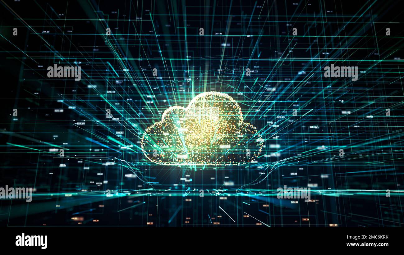 Illustrazione 3D, simbolo della tecnologia cloud nel mondo digitale moderno con codici hash casuali e altri rumori digitali intorno al simbolo del cloud Foto Stock