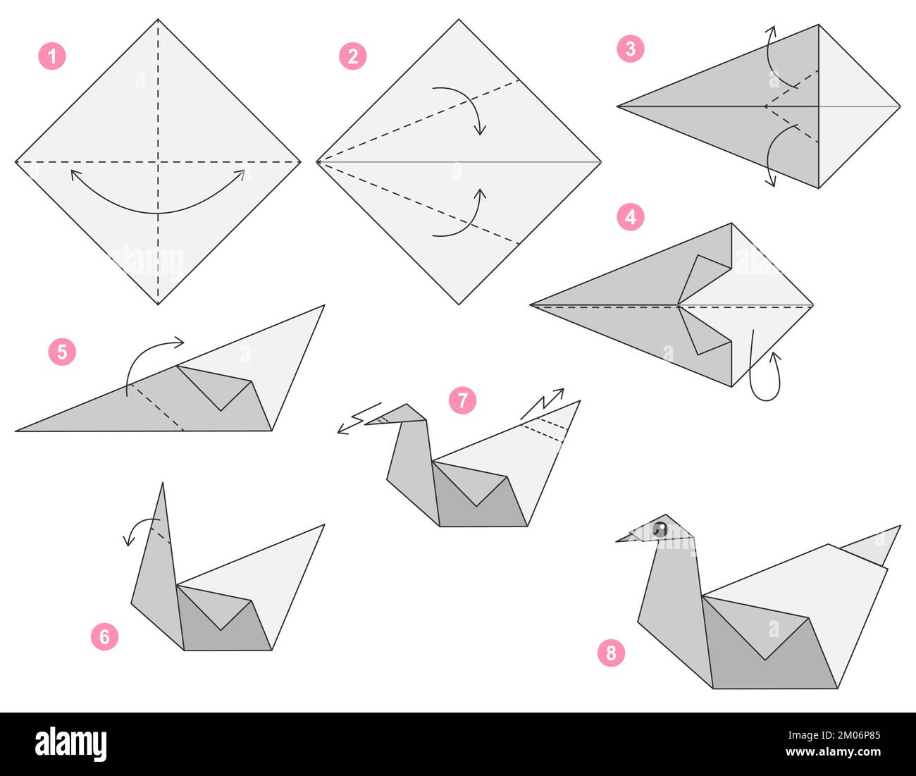 Origami tutorial per bambini. Origami cigno carino. Illustrazione Vettoriale