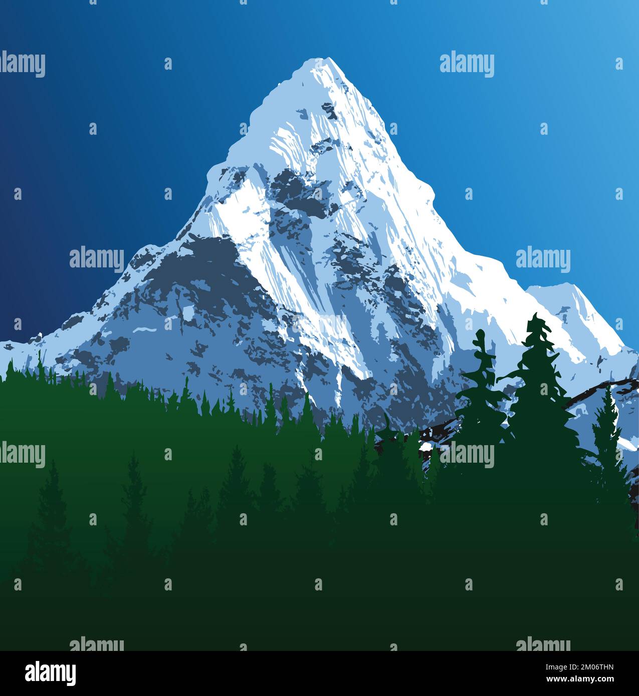 Monte ama Dablam e boschi, illustrazione vettore di montagna Illustrazione Vettoriale