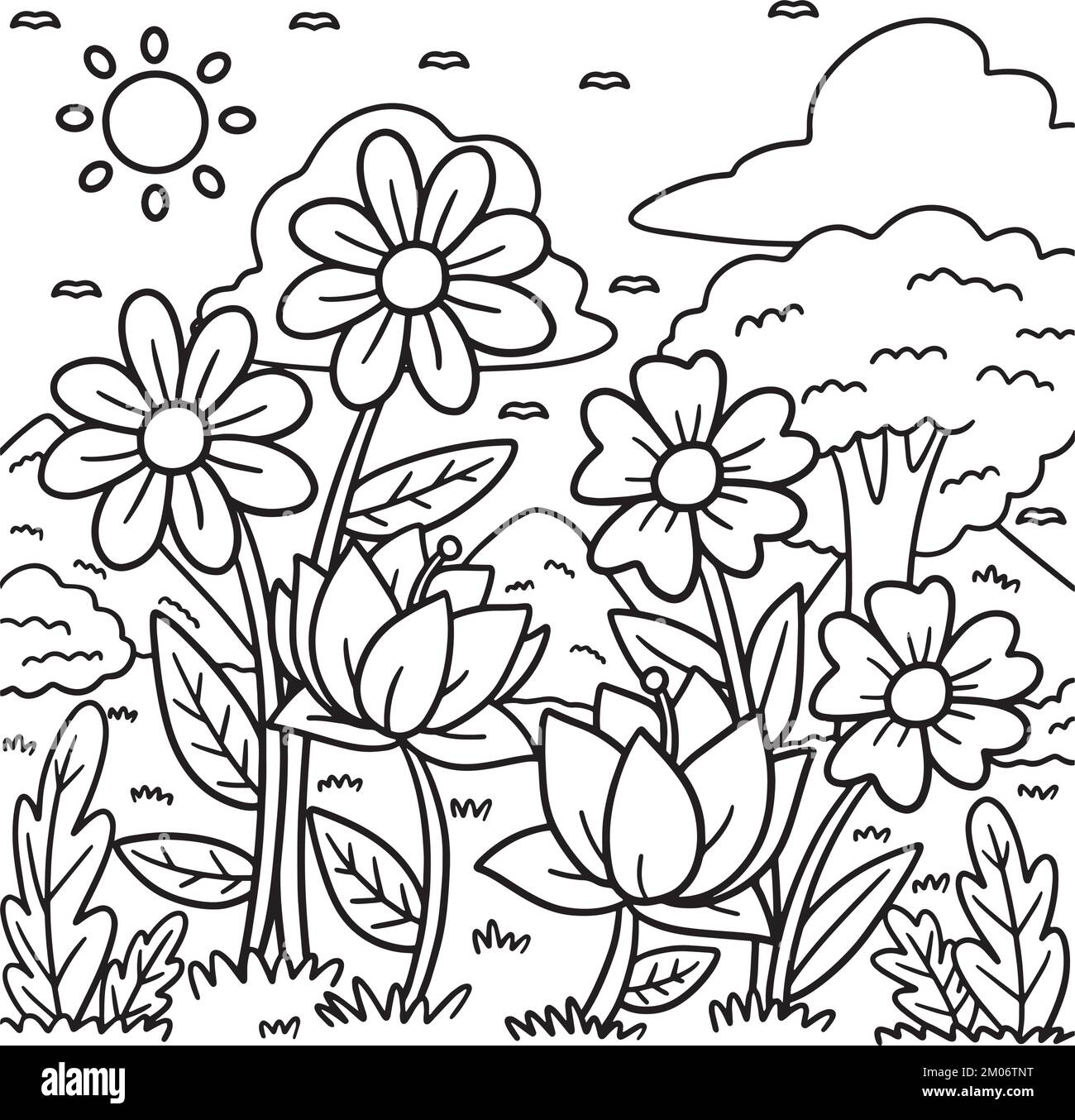 Fiori di primavera in Un campo colorazione pagina per bambini Illustrazione Vettoriale