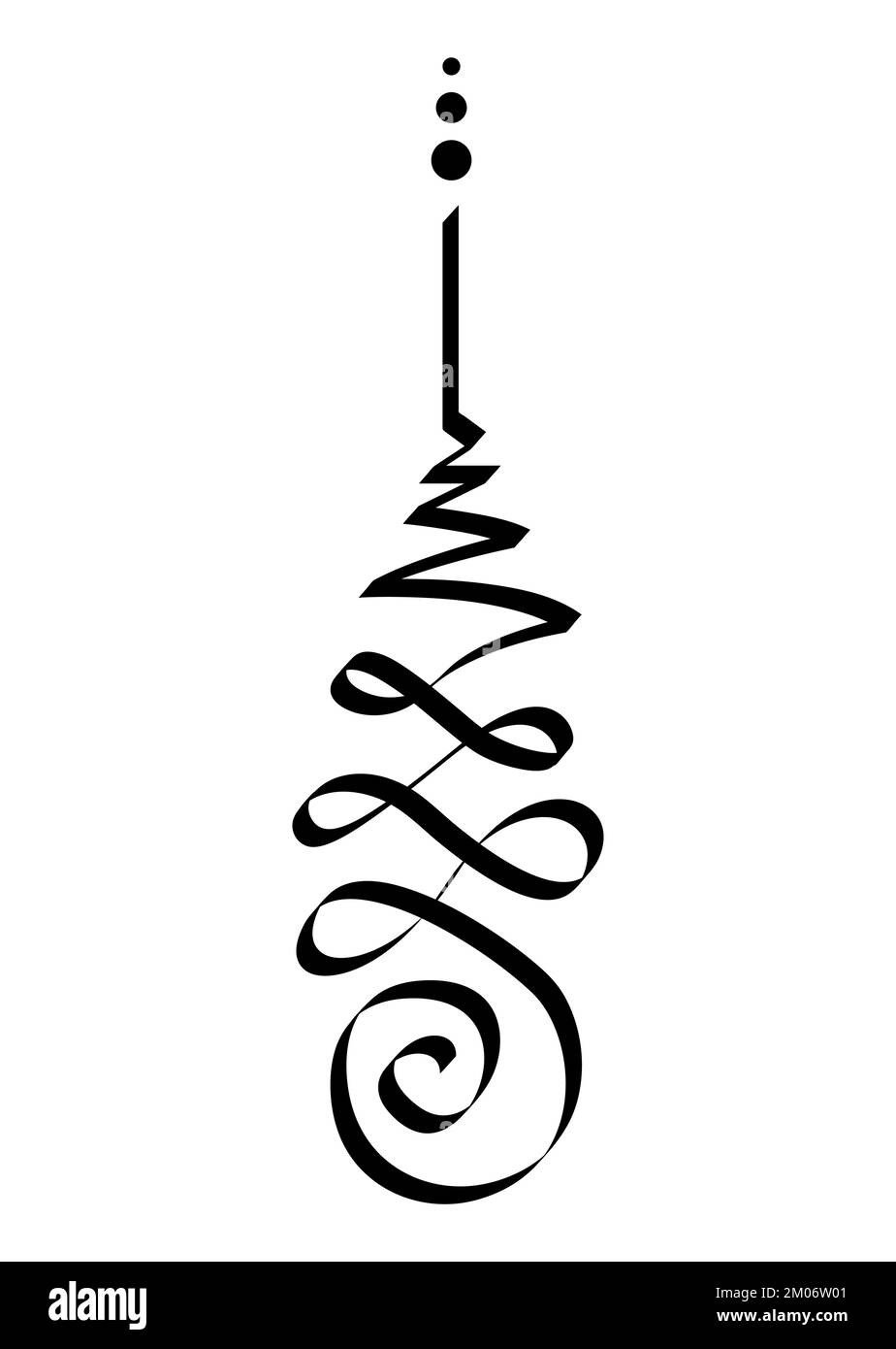 Simbolo di Unalome, segno indù o buddista che rappresenta il cammino verso l'illuminazione. Icona del tatuaggio Yantras. Semplice disegno a inchiostro bianco e nero, vettore isolato Illustrazione Vettoriale