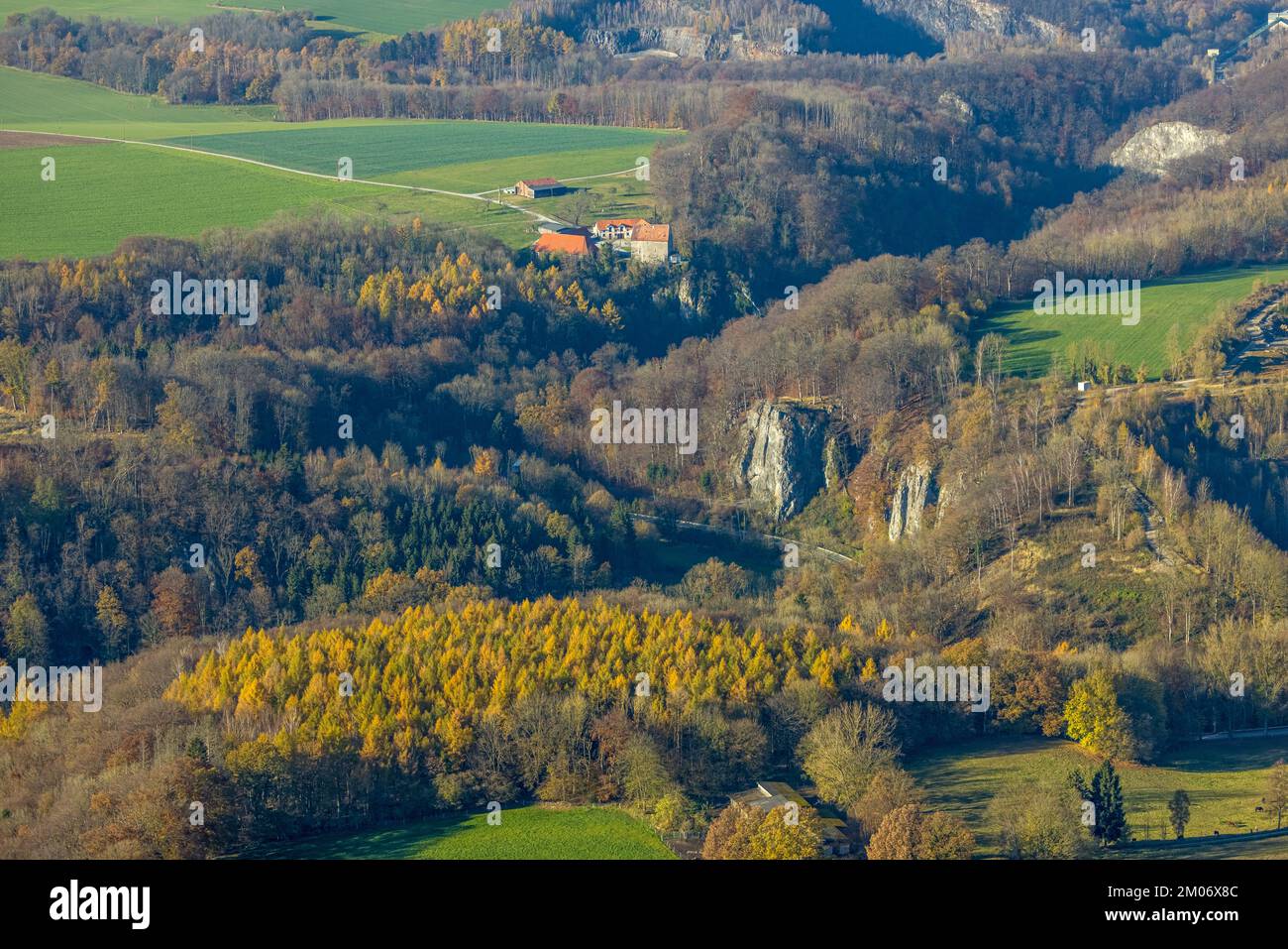 Veduta aerea, grotta di Reckenhöhle nella foresta autunnale nel distretto di Volkringhausen a Balve, Sauerland, Renania settentrionale-Vestfalia, Germania, Premio, DE, Foto Stock