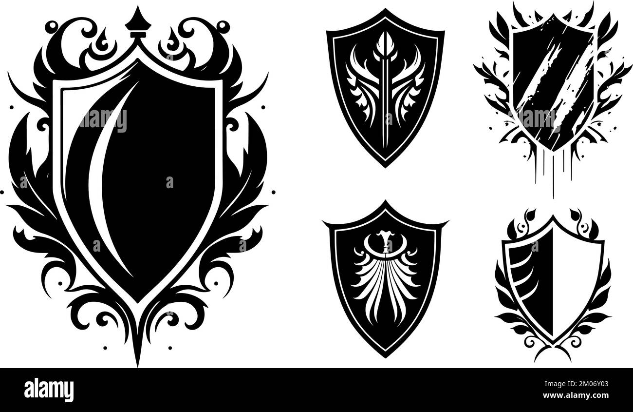 Elementi di design della cresta dello scudo vettoriale, emblemi, badge, insegne medievali Illustrazione Vettoriale