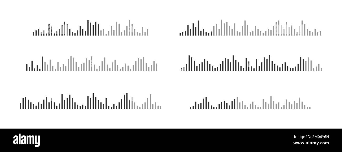 Set di simboli delle onde sonore. Chat audio, file voicemail, registrazione vocale o brano, impulsi, segnale, pittogrammi di conversazione online. Messenger, radio, podcast, elementi del lettore. Illustrazione grafica vettoriale Illustrazione Vettoriale Set di simboli delle onde sonore. Chat audio, file voicemail, registrazione vocale o brano, impulsi, segnale, pittogrammi di conversazione online. Messenger, radio, podcast, elementi del lettore. Illustrazione grafica vettoriale Illustrazione Vettoriale